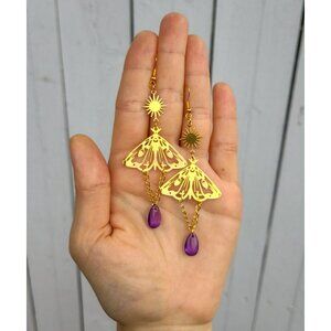 Gold Moth Dangle Earrings Boho Celestial Earrings with Sun Charm and Purple
